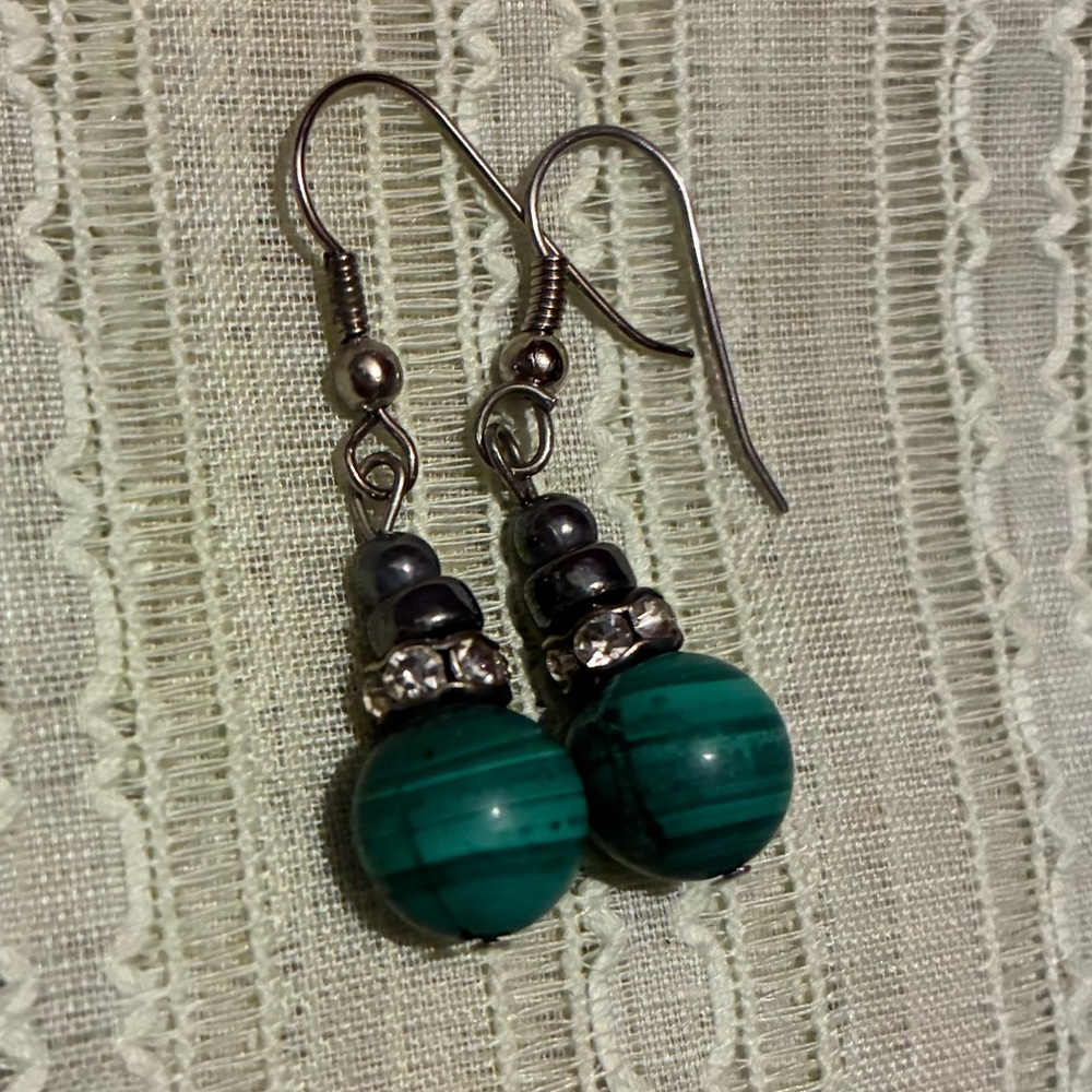 Elegant Malachite, Rhinestone, Sterling Silver Beaded Earrings